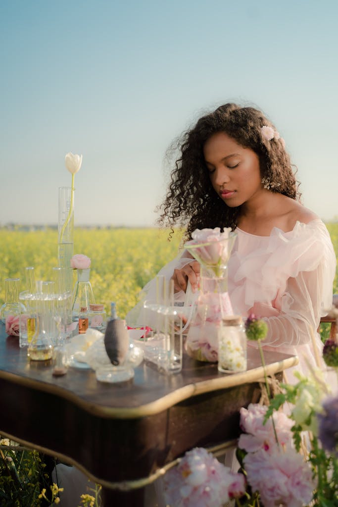 Young Woman in Airy Summer Dress Creating Homemade Face Toners in Flower Field Laboratory