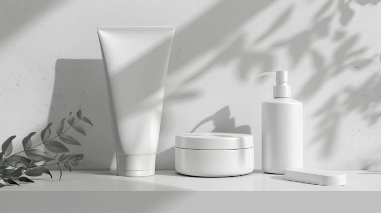 A white shelf with various cosmetic products